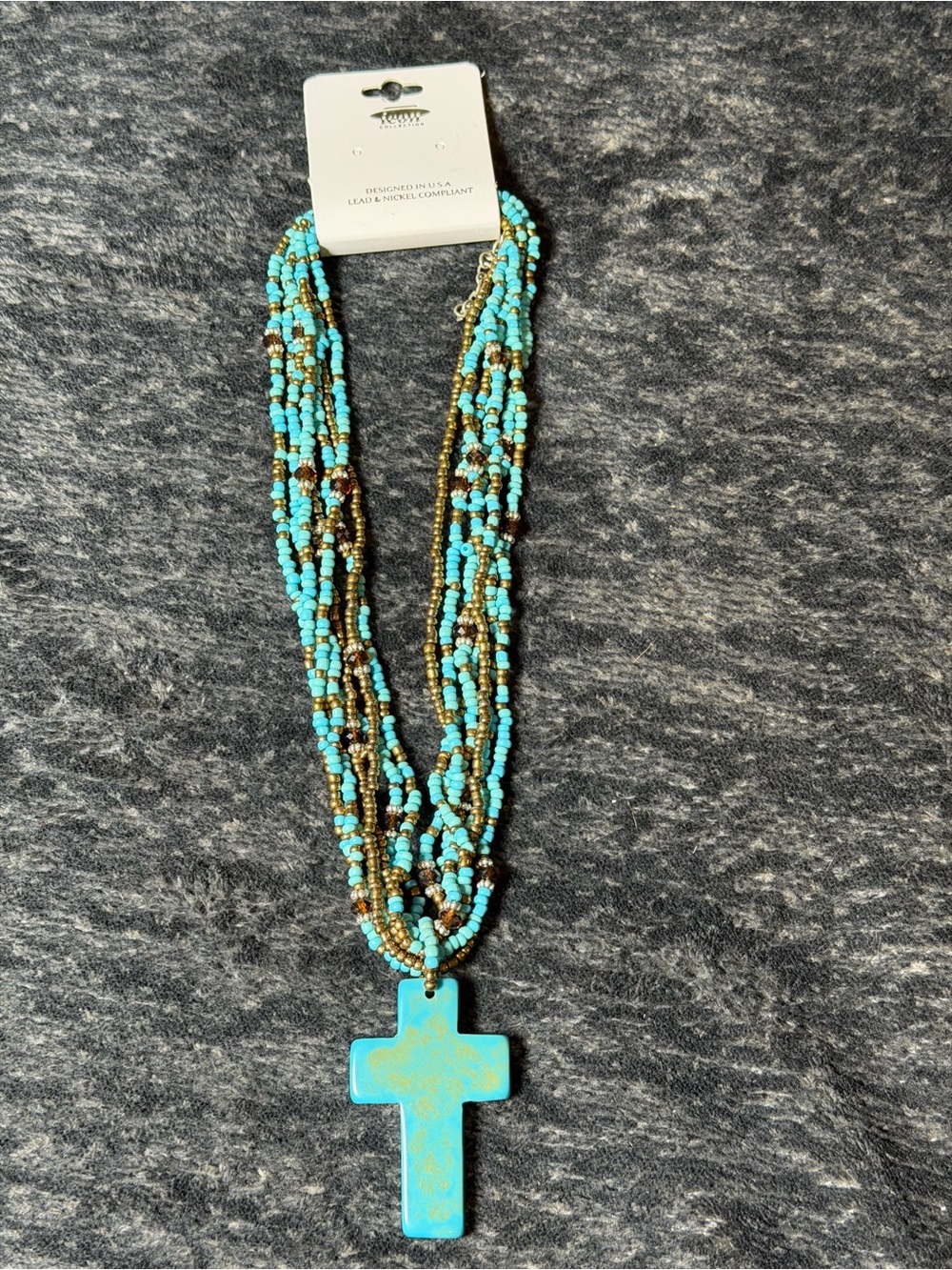 NWT Turquoise Beaded Cross Pendant Multi Strand Necklace Western Boho Faith